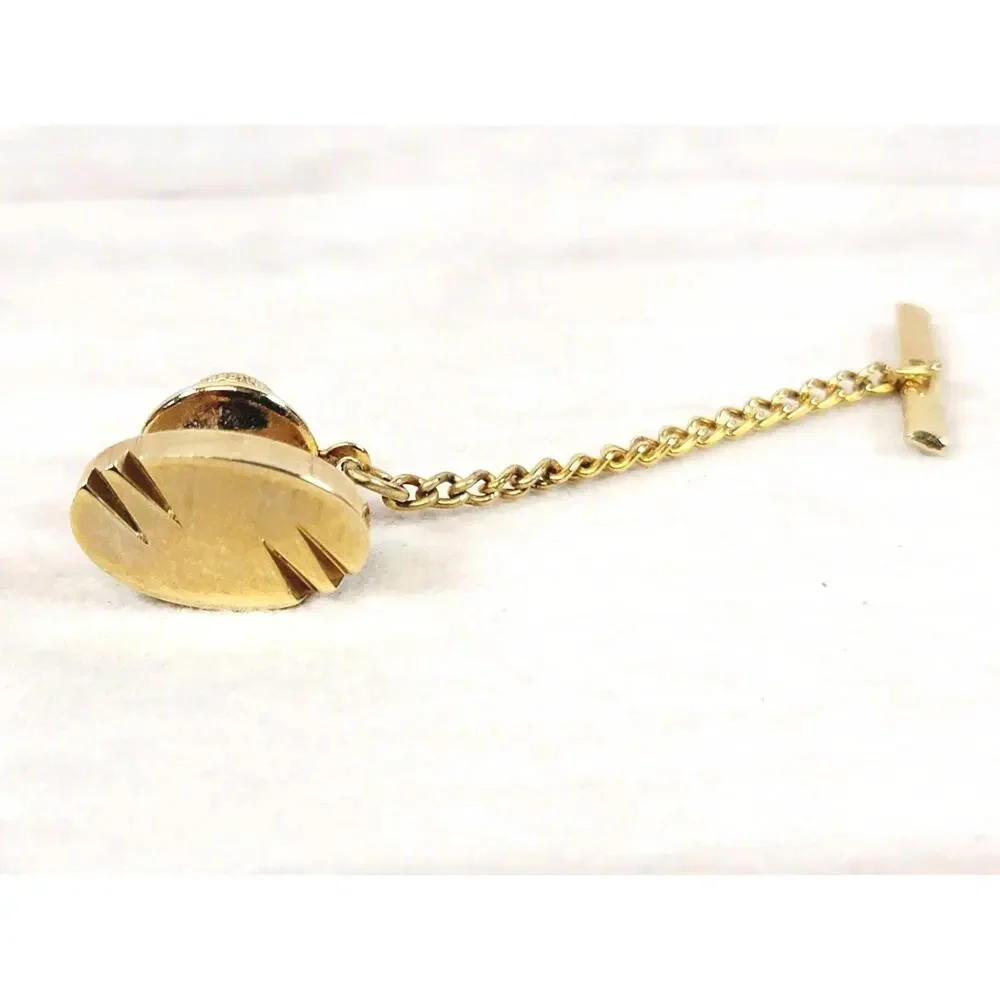 Vintage Gold Tone Round Etched CuffLinks & Classic Tie Tack Chain Clip